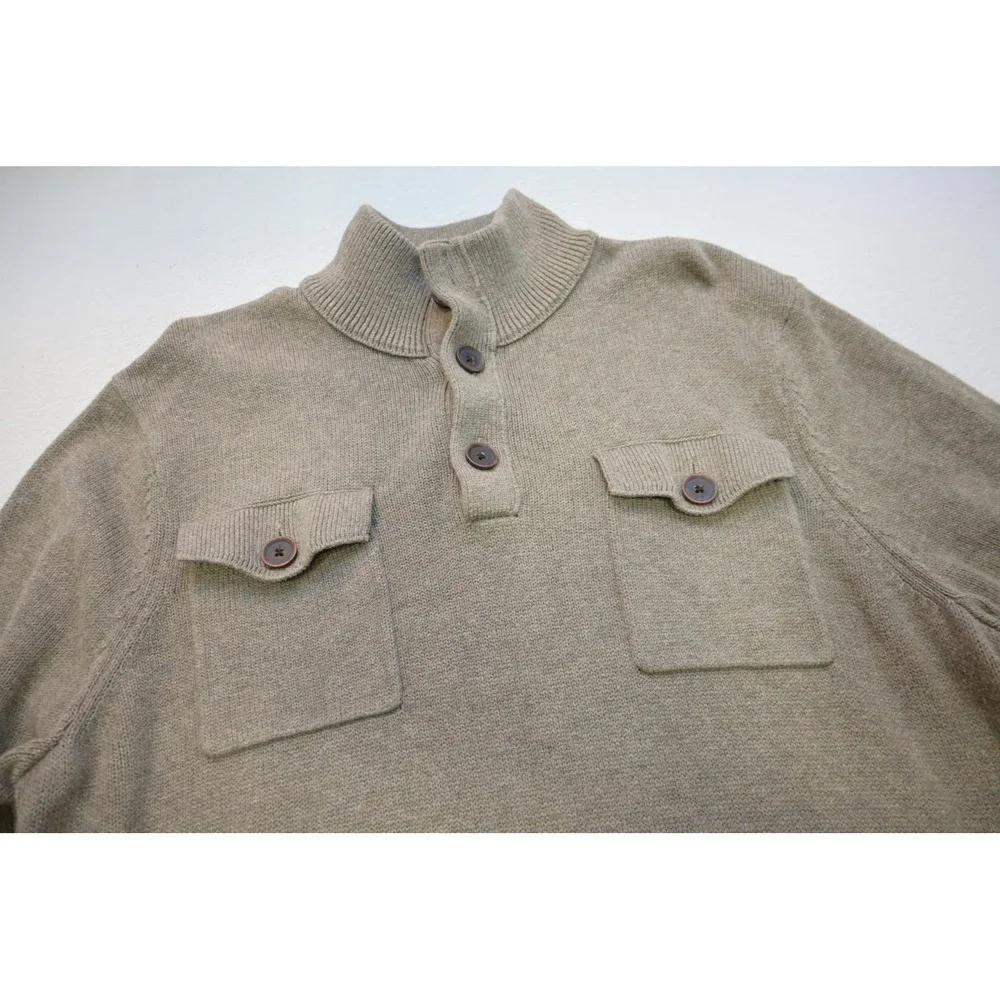 Banana Republic Sweater Men Large Tan Beige Mock Neck Button Up Pockets EUC